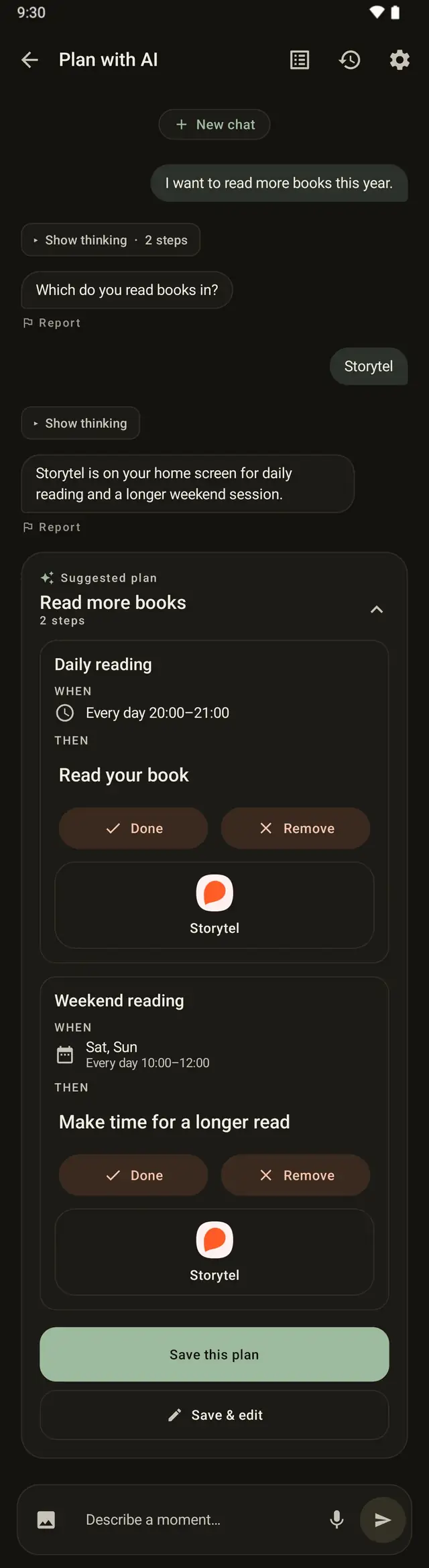 A finished plan in Sepamo called Read more books: a daily reading step at 20:00 and a longer weekend read, both opening Storytel, with Save this plan and Save & edit underneath.