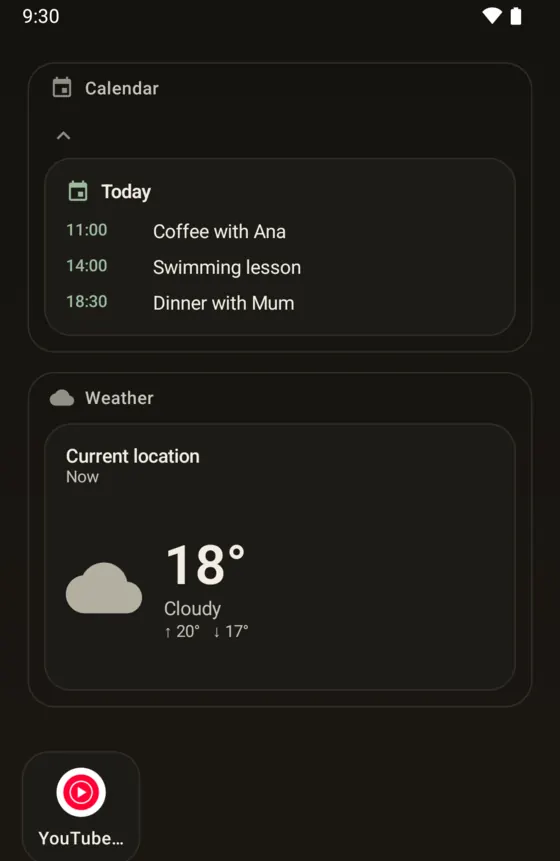 The Sepamo home screen showing today’s calendar and the current weather, placed there automatically.