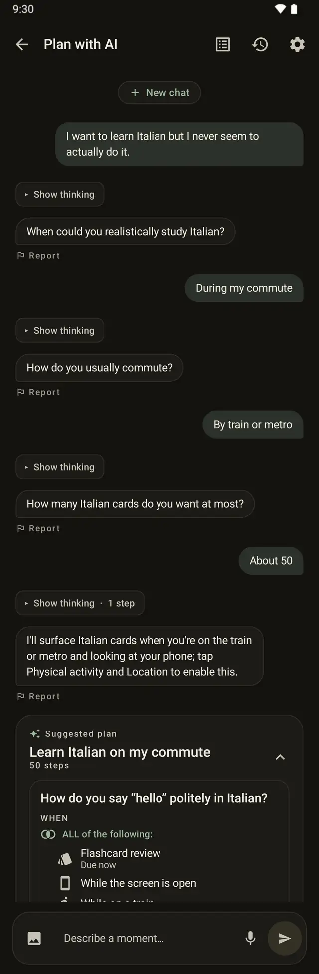 A conversation in Sepamo: the user says they want to learn Italian but never do it, and Sepamo asks when they could study, how they commute, and how many cards they want before building the plan.