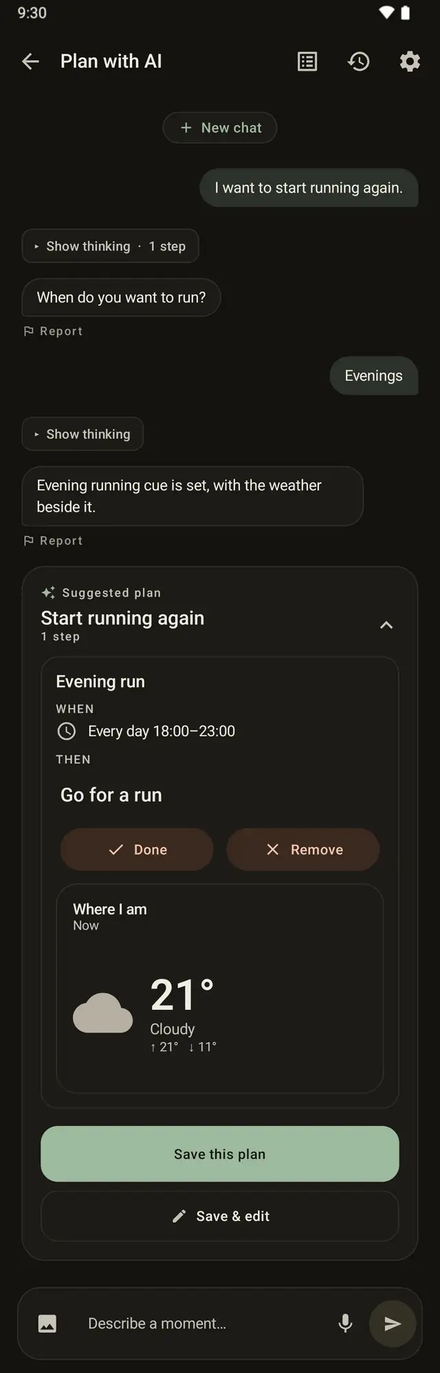 A conversation in Sepamo: the user says “I want to start running again”, Sepamo asks when, and turns “Evenings” into a plan called Start running again — an evening run cue with the weather beside it.
